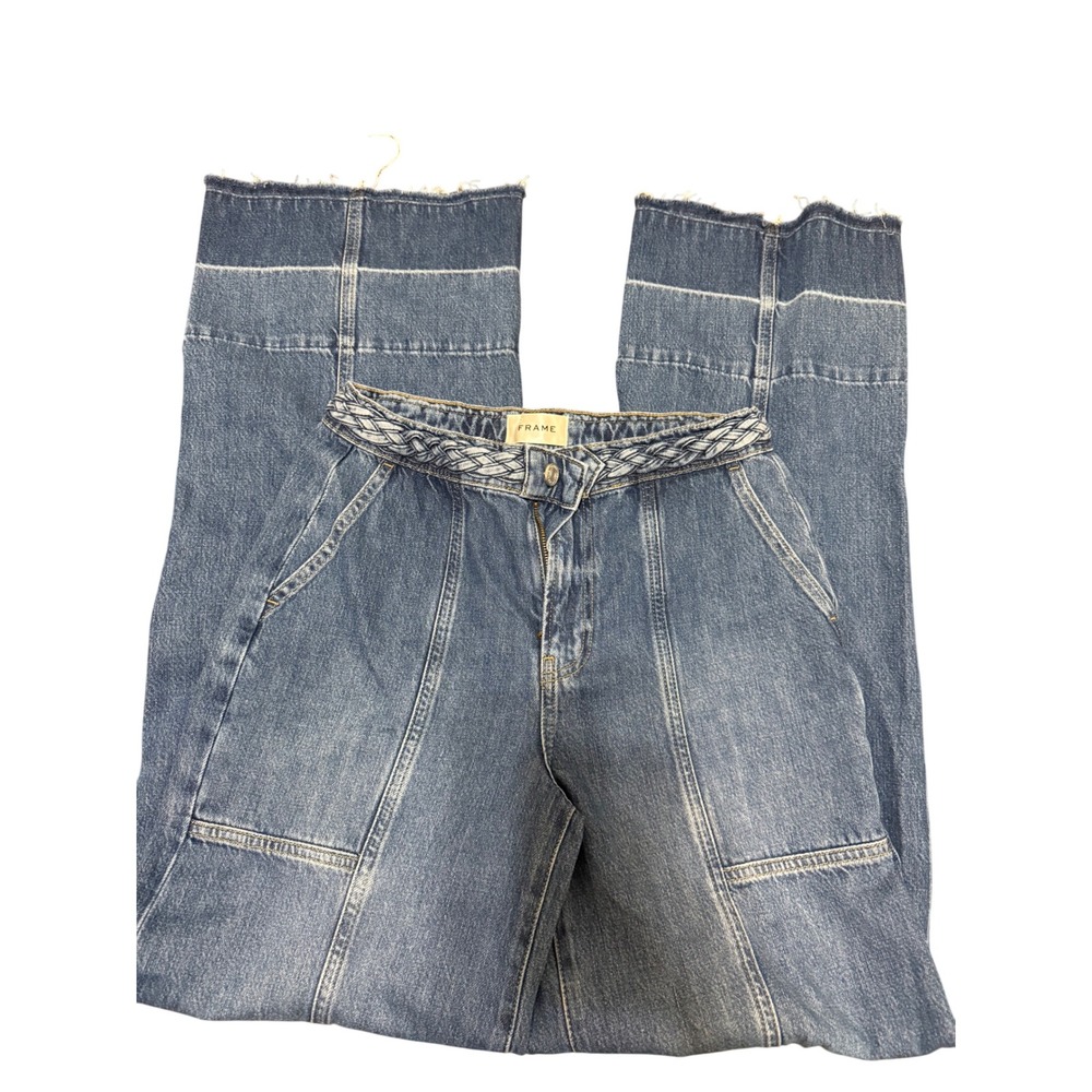 FRAME Denim Wide Leg‎ Jeans Blue Braided Belt Frayed Hem Patchwork Womens - Picture 3 of 6